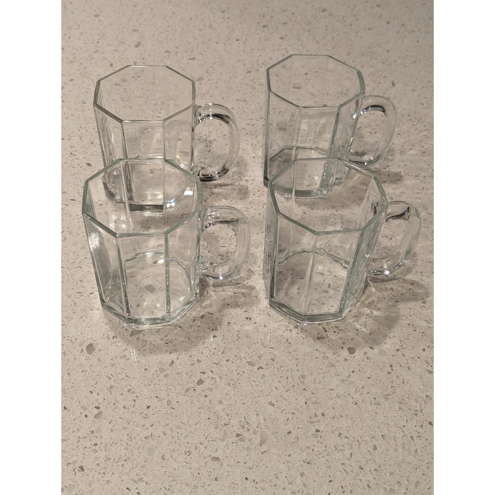 Vintage Set Of 4 Arcoroc Glass‎ Coffee Tea Mugs Octime Clear Art Deco France